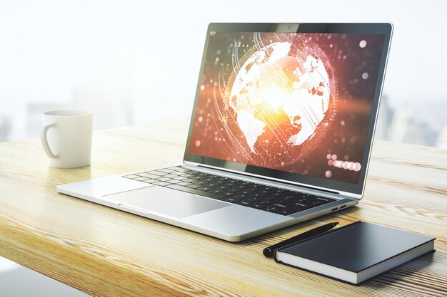 computer monitor with abstract creative digital world map globalization concept 3d rendering