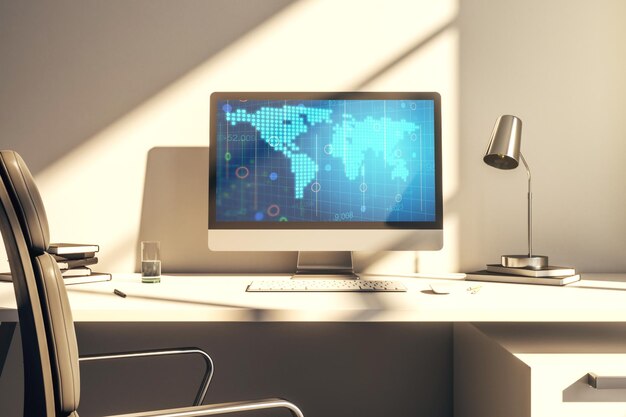 Computer monitor with abstract creative digital world map globalization concept 3D Rendering