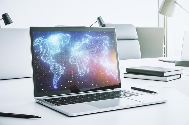 Computer monitor with abstract creative digital world map globalization concept 3D Rendering