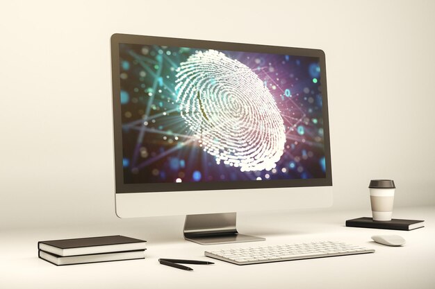 Computer monitor with abstract creative fingerprint illustration personal biometric data concept 3D Rendering