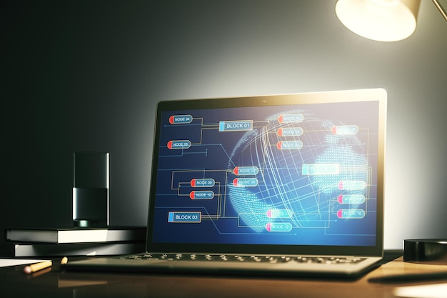 Computer monitor with abstract creative programming illustration and world map big data and blockchain concept 3D Rendering