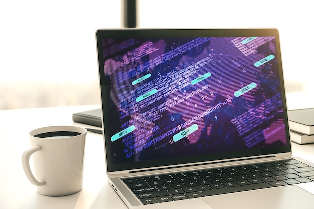 抽象的な創造的なプログラミングのイラストと世界地図のビッグデータとブロックチェーンのコンセプトを備えたコンピューターモニター3Dレンダリング