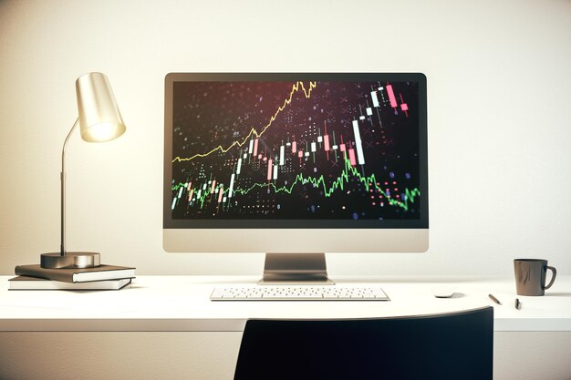 Foto monitor del computer con grafico finanziario astratto e concetto di trading rendering 3d