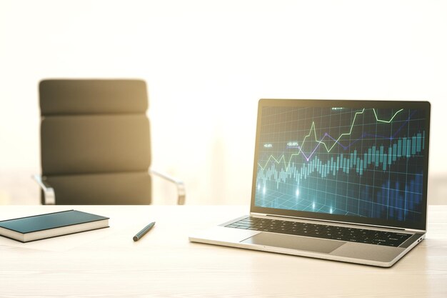 Computer monitor with abstract financial graph finance and trading concept 3D Rendering