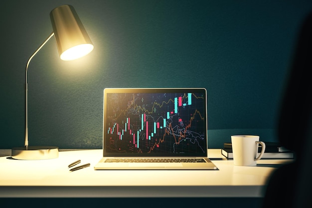 Photo computer monitor with abstract financial graph finance and trading concept 3d rendering