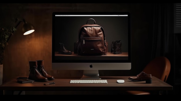 A computer monitor with a brown leather bag on the screen.