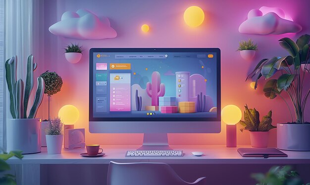 Photo a computer monitor with a colorful background with a colorful scene