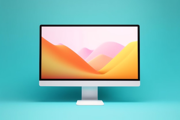 A computer monitor with a colorful landscape on the screen