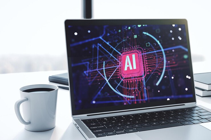 Computer monitor with creative artificial Intelligence abbreviation Future technology and AI concept 3D Rendering