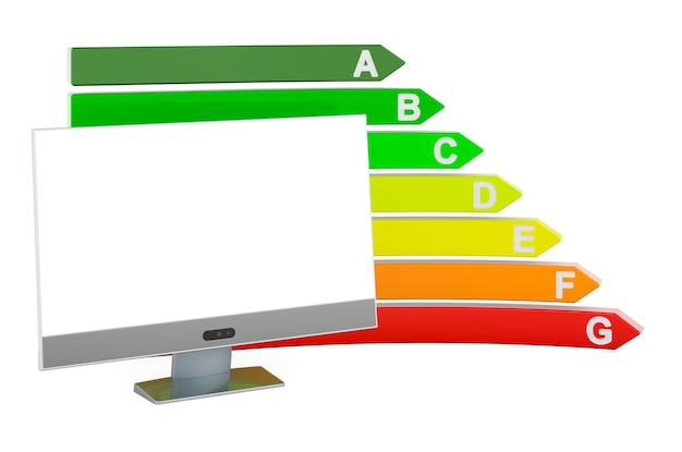 Photo computer monitor with energy efficiency chart 3d rendering