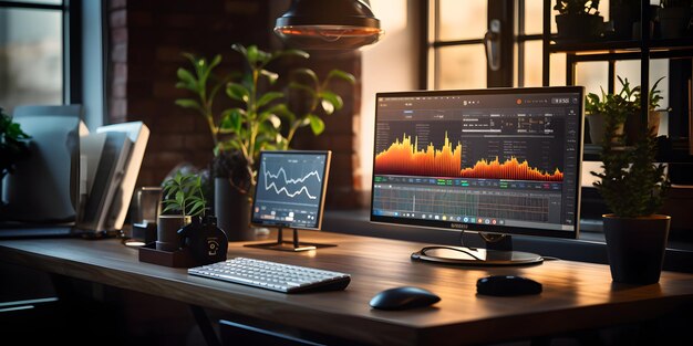 a computer monitor with a graph on the screen and a keyboard on the desk
