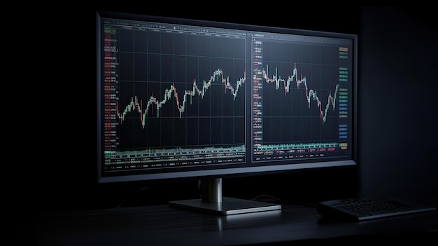 A computer monitor with a graph showing a stock market chart.