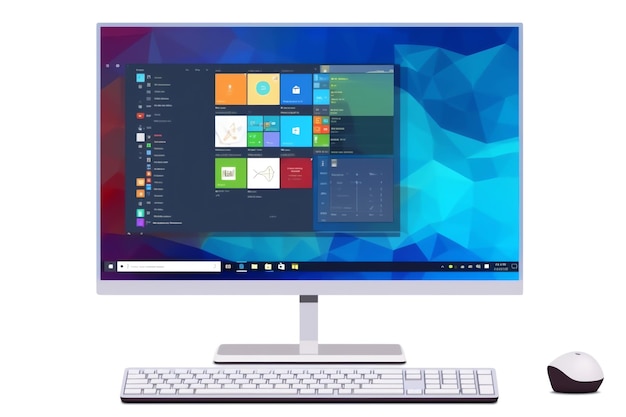 Foto un monitor per computer con una tastiera e uno sfondo blu e rosso