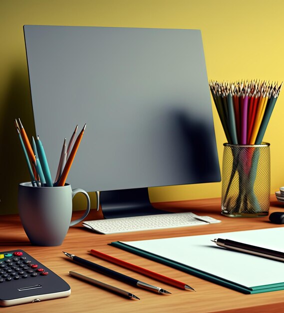 A computer monitor with a pencil holder and a cup of pencils on it.