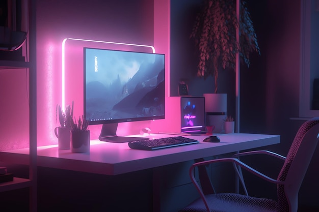 A computer monitor with a pink light that says'esports'on it