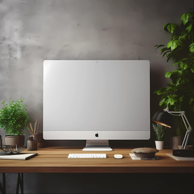 A computer monitor with a plant on the table