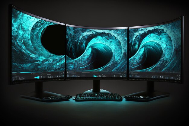 A computer monitor with a wave on the screen