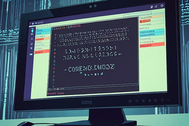 A computer monitor with the word code on the screen