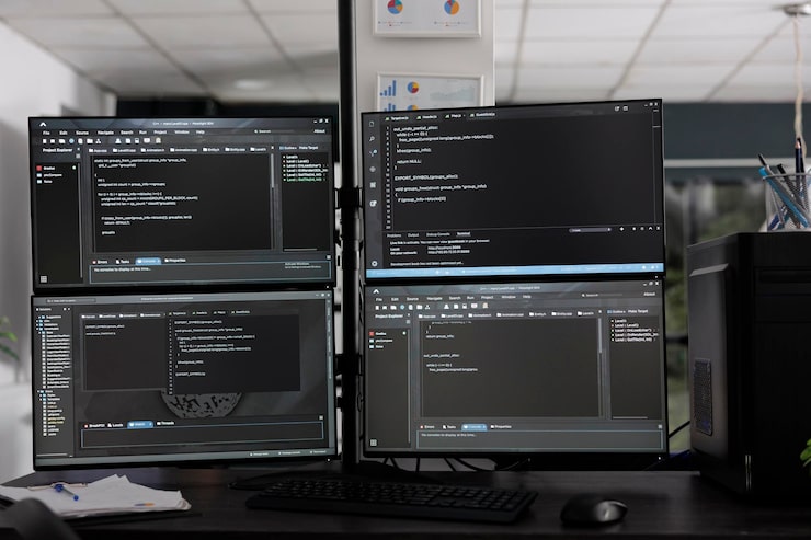Photo computer monitors on desk compiling programming html data algorithms in empty software company. database network servers cloud computing in it agency room, code script language.