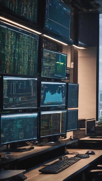 computer monitors showing source code in empty it company office security system compiling data alg
