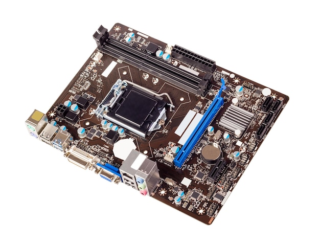 Computer motherboard isolated on white background without CPU cooler