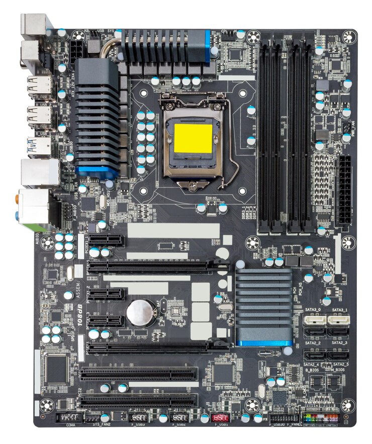 CPU 쿨러 없이 흰색 배경에 격리된 컴퓨터 마더보드