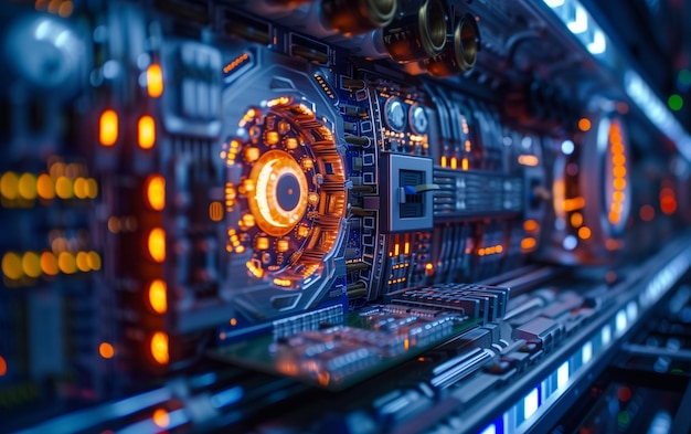 computer motherboard and processor unit fan rotating and cooling system close up photo with blue light flare