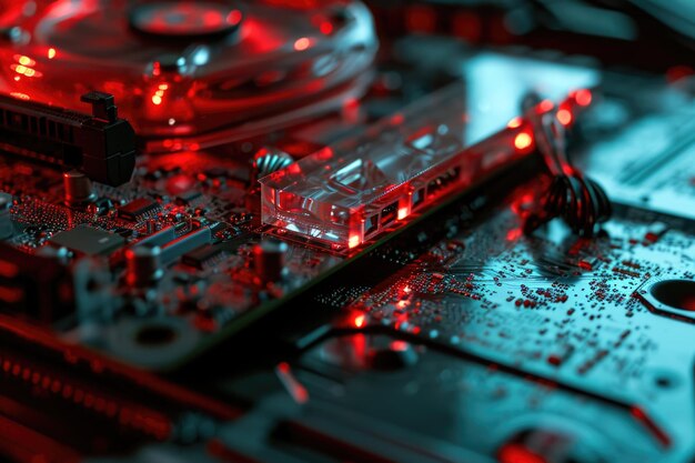 Photo computer motherboard with red lights can be used for technologyrelated designs