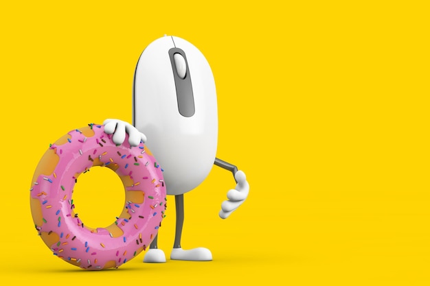 Computer Mouse Cartoon Person Character Mascot with Big Strawberry Pink Glazed Donut 3d Rendering