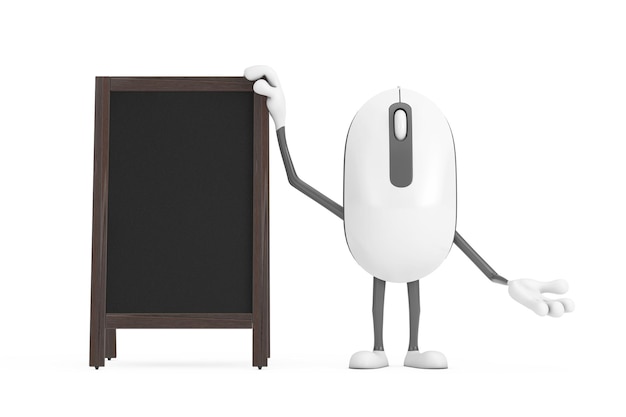Computer Mouse Cartoon Person Character Mascot with Blank Wooden Menu Blackboards Outdoor Display 3d Rendering