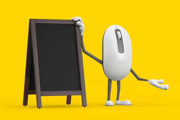 Computer Mouse Cartoon Person Character Mascot with Blank Wooden Menu Blackboards Outdoor Display 3d Rendering