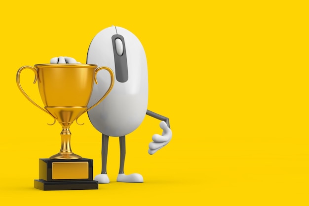 Computer Mouse Cartoon Person Character Mascot with Golden Award Trophy 3d Rendering