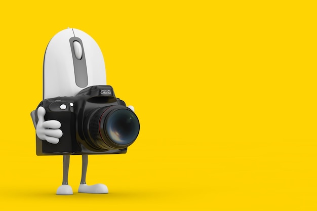 Computer mouse cartoon person character mascot with modern digital photo camera 3d rendering