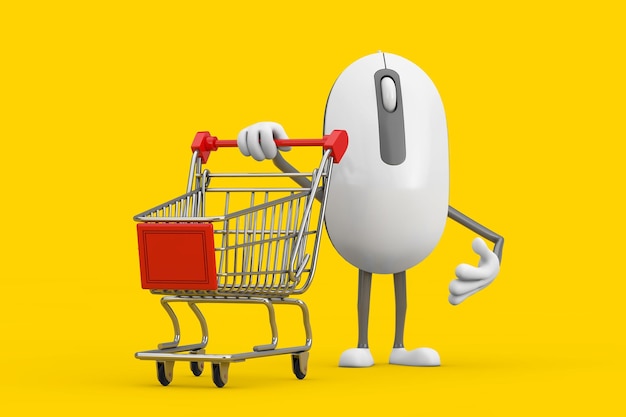 Computer Mouse Cartoon Person Character Mascot with Shopping Cart Trolley 3d Rendering