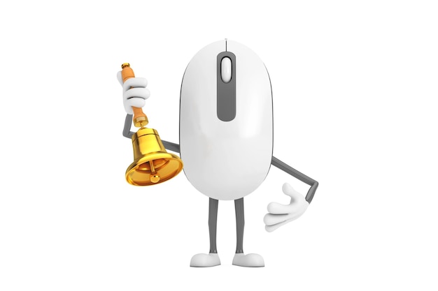 Photo computer mouse cartoon person character mascot with vintage golden school bell 3d rendering