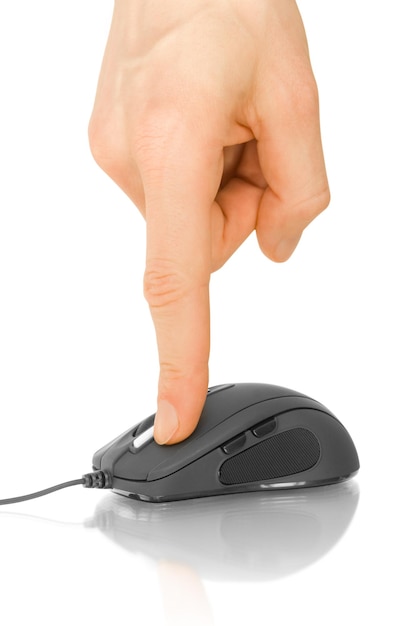 Photo computer mouse and finger isolated on white