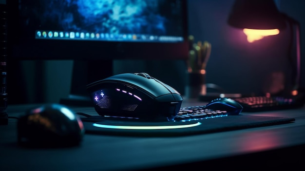 Компьютерная мышь и клавиатура на темном фоне.