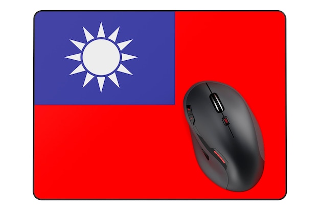 Computer mouse and mouse pad with Taiwanese flag 3D rendering isolated on white background