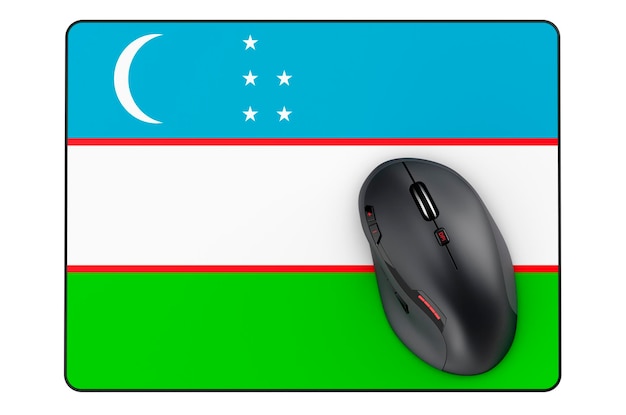 Компьютерная мышь и коврик для мыши с 3D-рендерингом узбекского флага на белом фоне