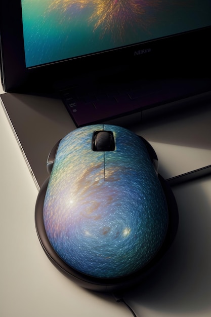 A computer mouse sitting in front of a laptop