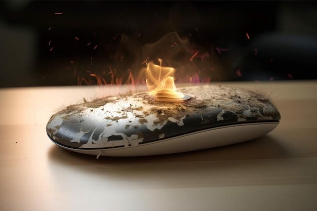 A computer mouse with a flame on it