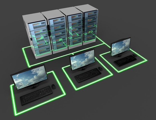 컴퓨터 네트워크 개념. 인터넷 서버. 3D 그림
