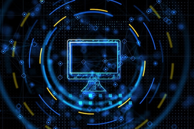 Computer network concept with digital computer design icon surrounded in abstract blue and yellow circles on technological background 3D rendering