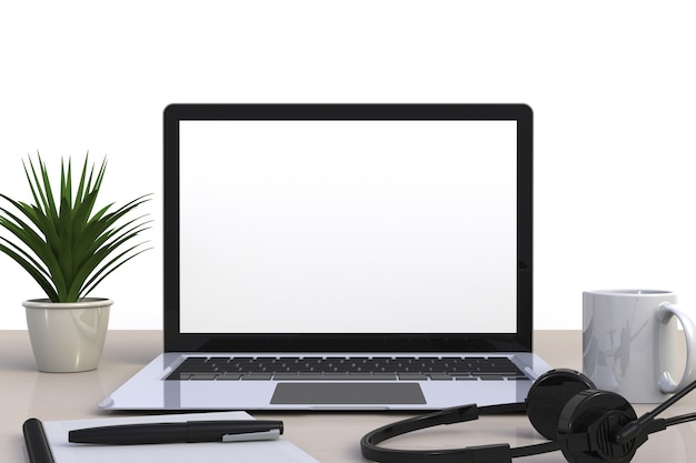 Computer Network Connection Digital Technology, Coffee cup with laptop computer white blank screen on wood work table front view, Isolated 