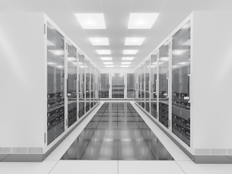 Photo computer network server room 3d render representing internet and hosting company and data center concept