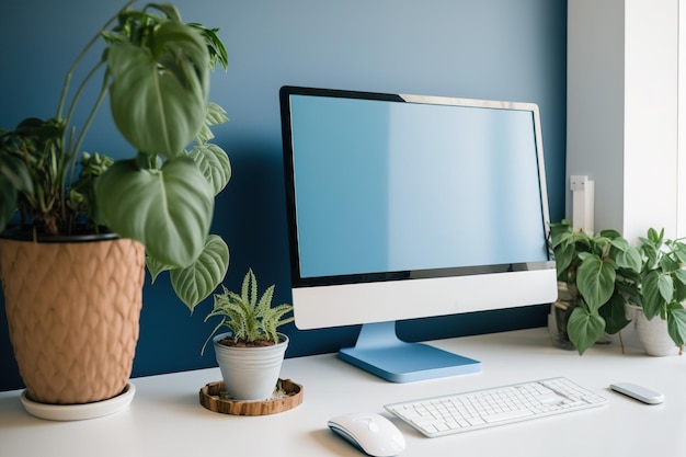 Computer at the office with a plant on the wooden table Background of white and blue