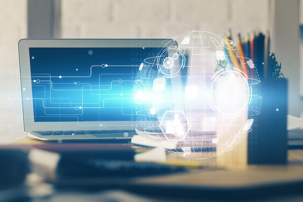 Computer op het bureaublad met hologram van een sociaal netwerk Multi-exposure Concept van internationale mensenverbindingen