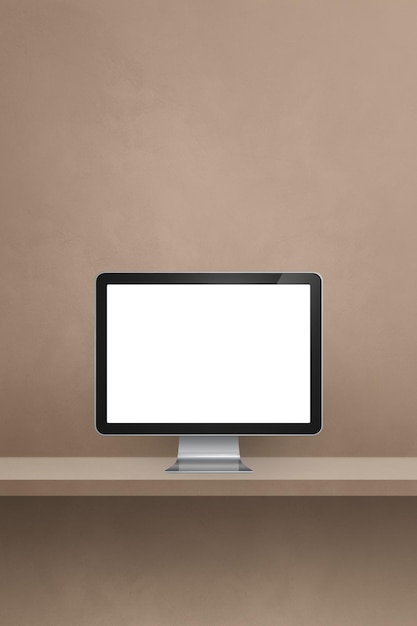 Computer pc - brown wall shelf. Vertical background. 3D Illustration