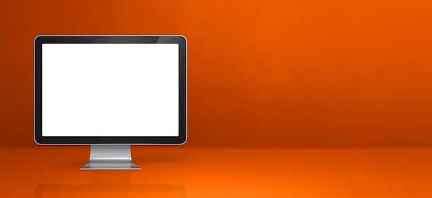 Computer pc - orange office desk banner. 3D Illustration