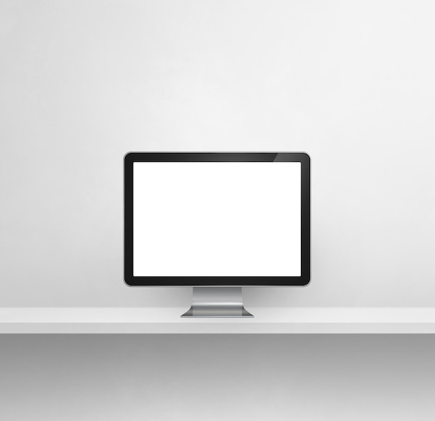 Computer pc - white concrete wall shelf background. 3D Illustration